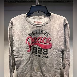 Gray believe peace 1928 sweater with pink lettering